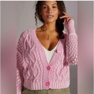 Pilcro Anthro Sweater Size XXL  Cableknit Cropped Cardigan Pink Shabby chic